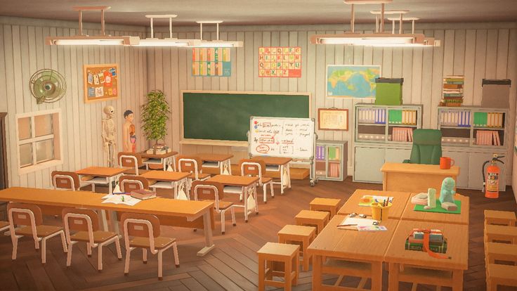 an animated classroom with desks and chairs