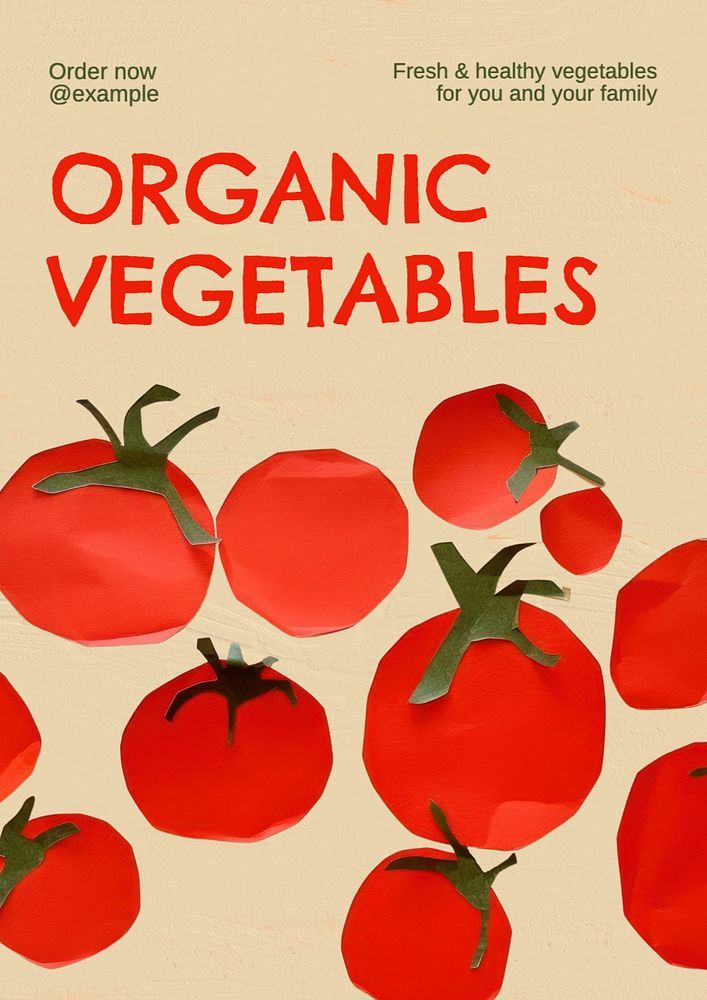 an advertisement for organic vegetables with cut out tomatoes on the front and bottom, in red