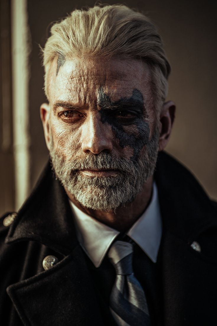 an older man with white hair and black makeup on his face, wearing a trench coat