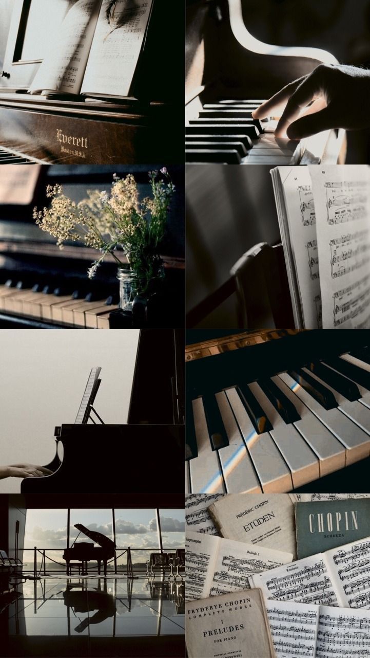 a piano and some sheet music are collaged in different pictures with the same color