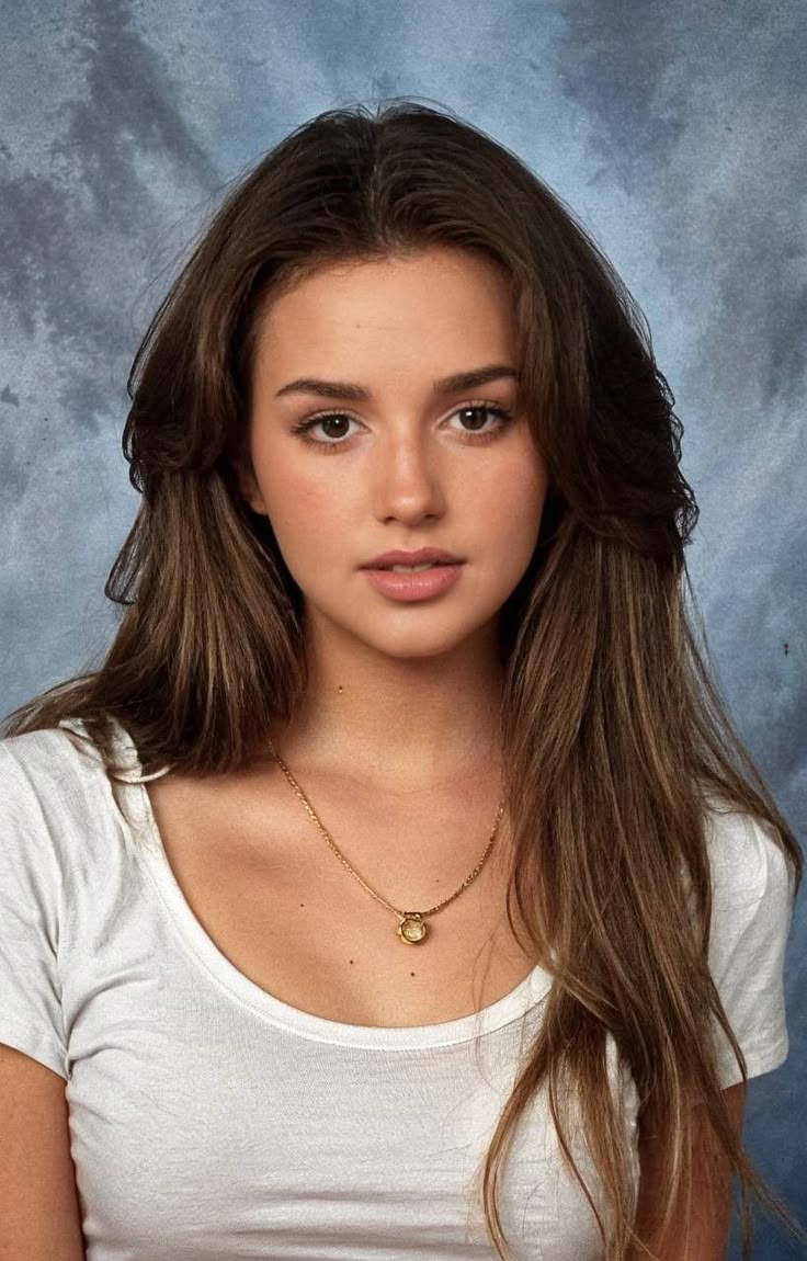 a young woman with long hair and a white shirt is posing for a photo in front of a blue background