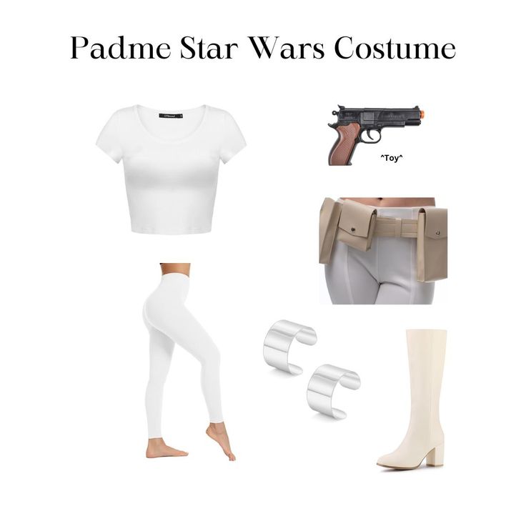 a woman in white clothes and accessories with the words, padme star wars costume