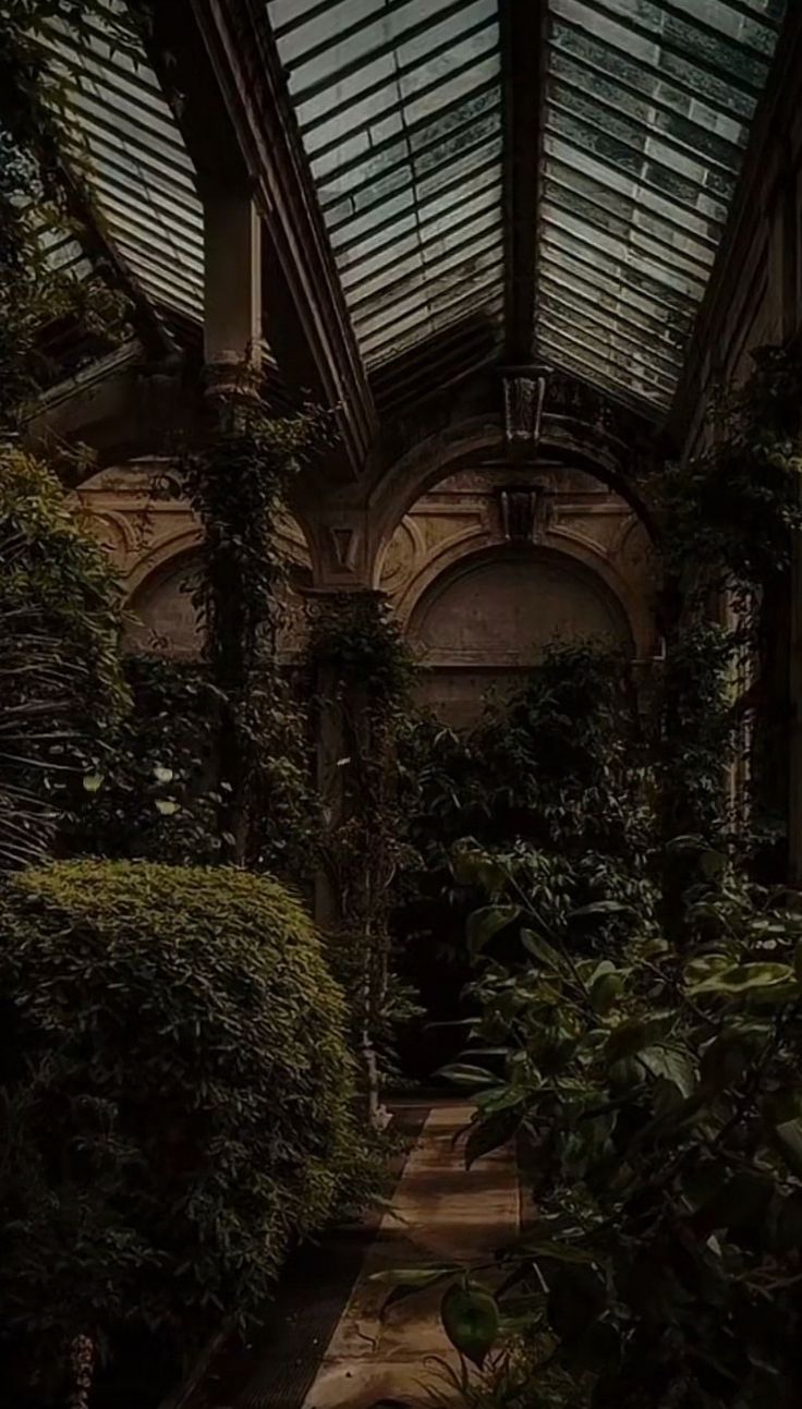 the inside of an old building with lots of plants and trees in front of it