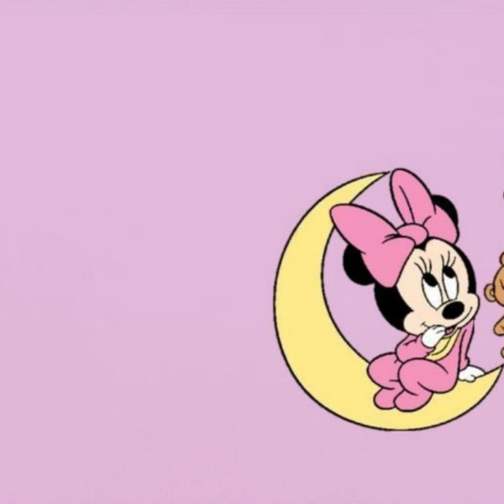 minnie mouse and her teddy bear sitting on the moon in front of a pink background