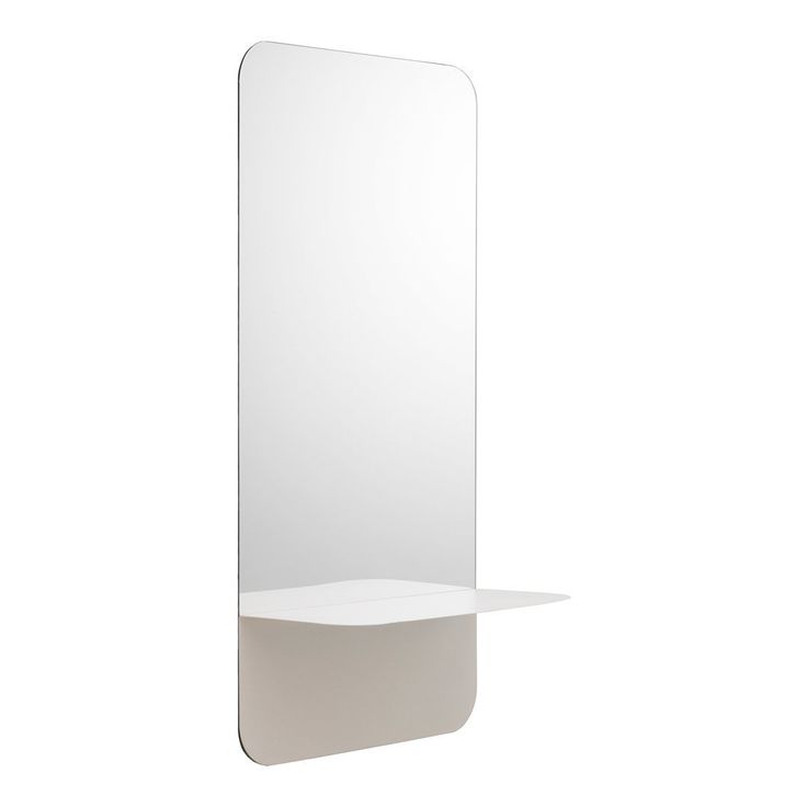 a white shelf that has a mirror on it and some shelves above it in the shape of a rectangle