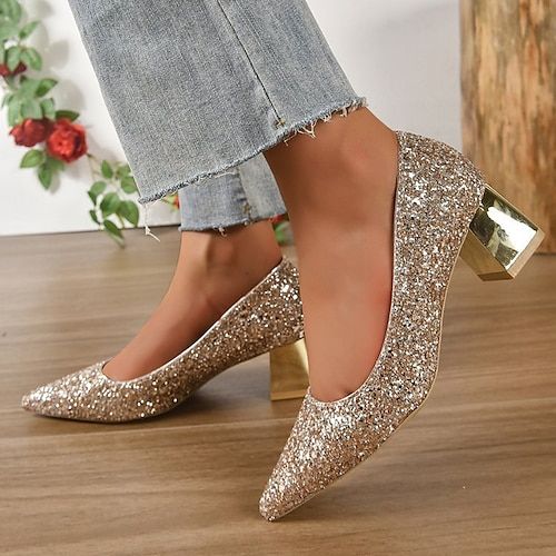 Category:Heels,Wedding Shoes,Pumps; Upper Materials:Sparkling Glitter; Embellishment:Sequin; Season:Spring,Summer,Fall,Spring   Fall; Heel Type:Chunky Heel; Gender:Women's; Toe Shape:Pointed Toe,Closed Toe; Type:Bridal Shoes,Bridesmaid Shoes; Style:Sexy,Fashion; Heel Height(inch):2-3; Outsole Materials:Rubber; Occasion:Party,Work,Club; Closure Type:Loafer; Listing Date:10/27/2023; 2024 Trends:Bling Bling,Ladies Shoes Valentines Gifts Low Heels Wedding, Thick Heels Pumps, Wedding Shoes Low Heel, Low Heel Pumps, Wedding Shoes Heels, Womens Summer Shoes, Low Heel Shoes, Gold Shoes, Womens Wedding Shoes