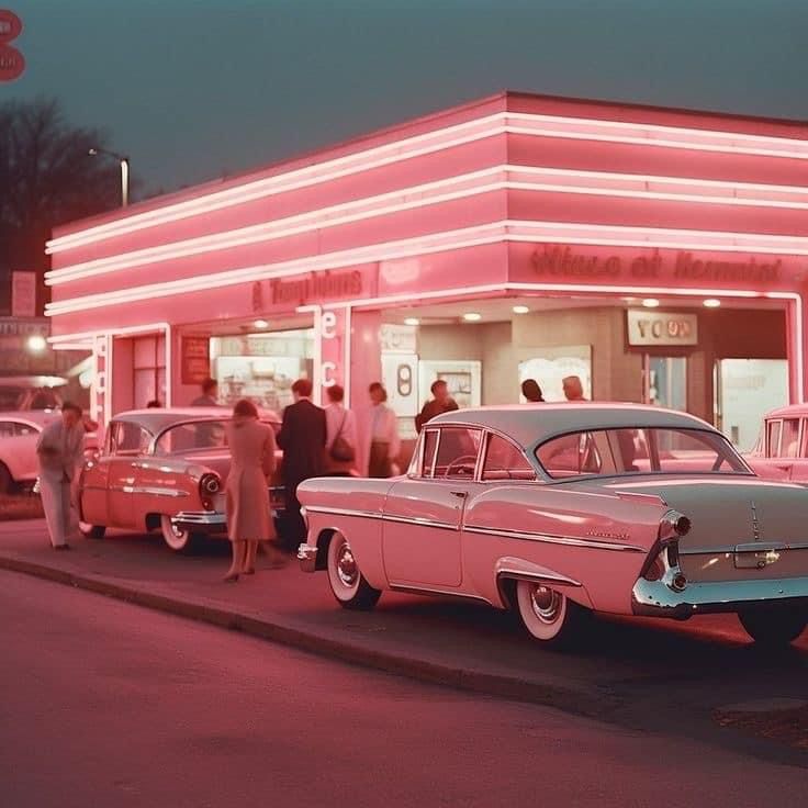 an old car is parked in front of a gas station with people standing around it