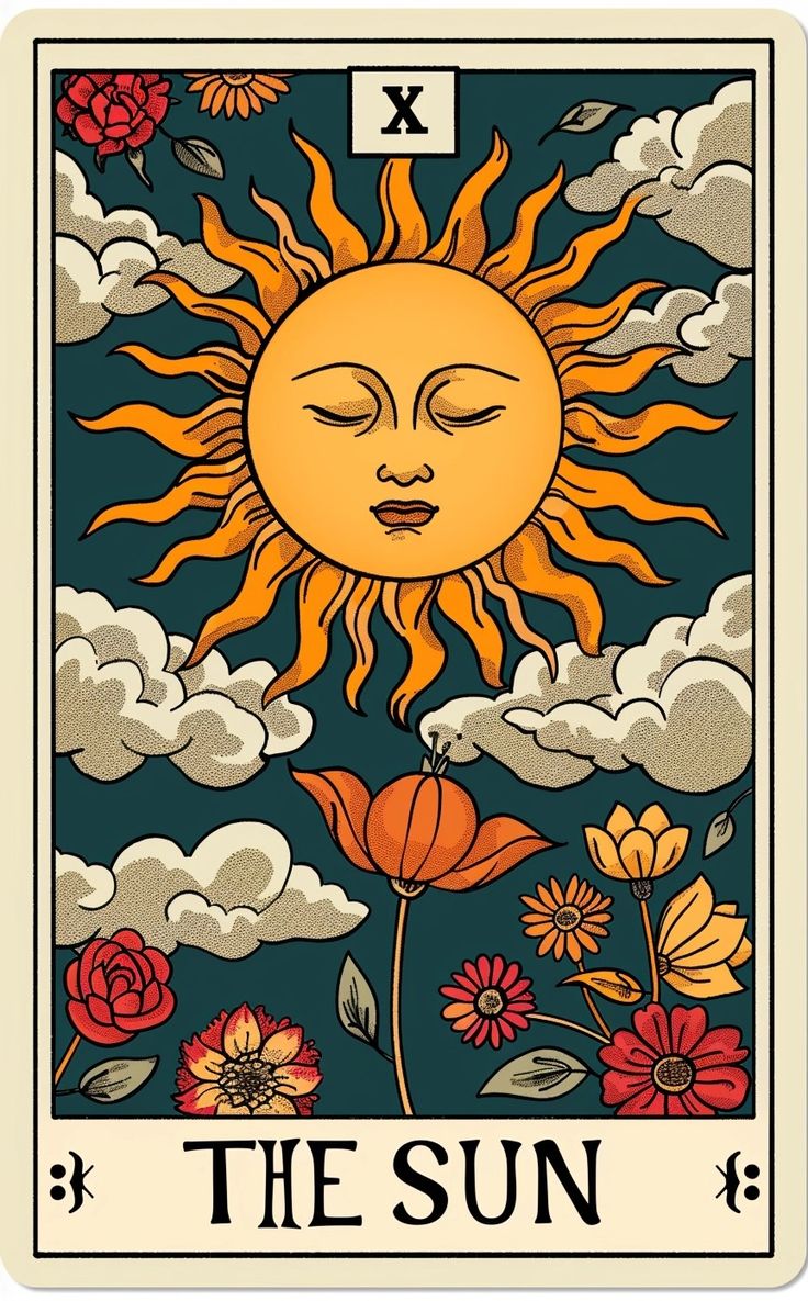 the sun tarot card with flowers and clouds