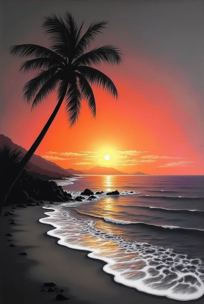 a painting of a sunset over the ocean with palm trees on the beach and mountains in the distance