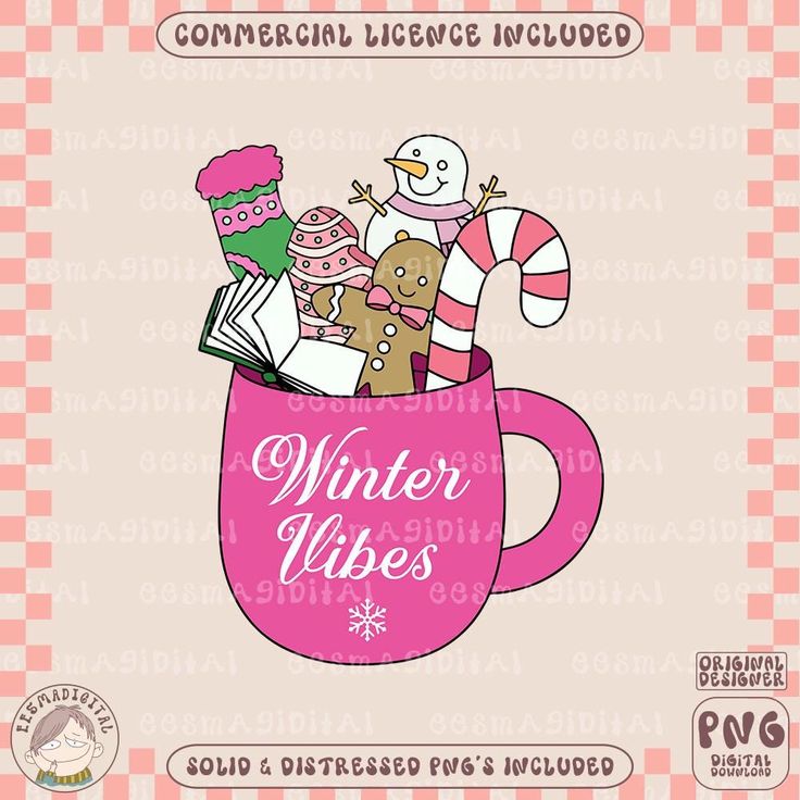 a mug filled with christmas items and the words winter vibes