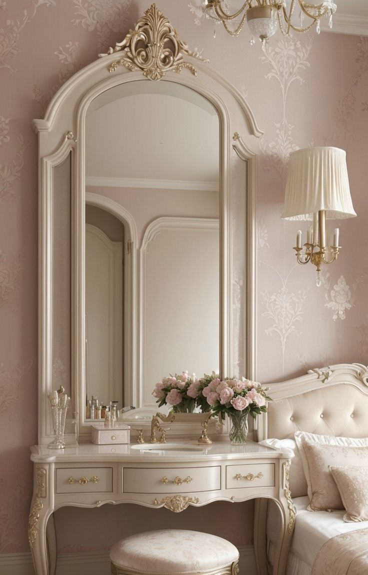 a white dressing table with a mirror and stool in a room that has pink wallpaper on the walls