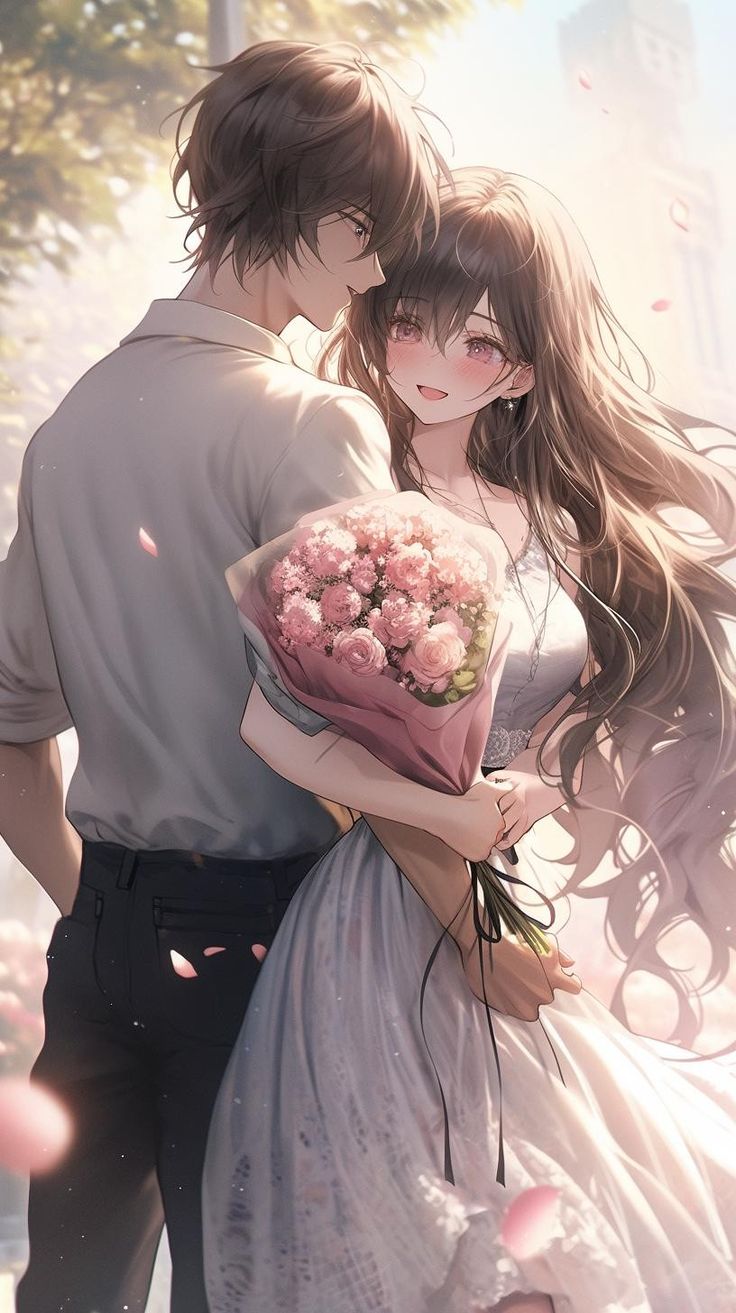 two people standing next to each other holding flowers