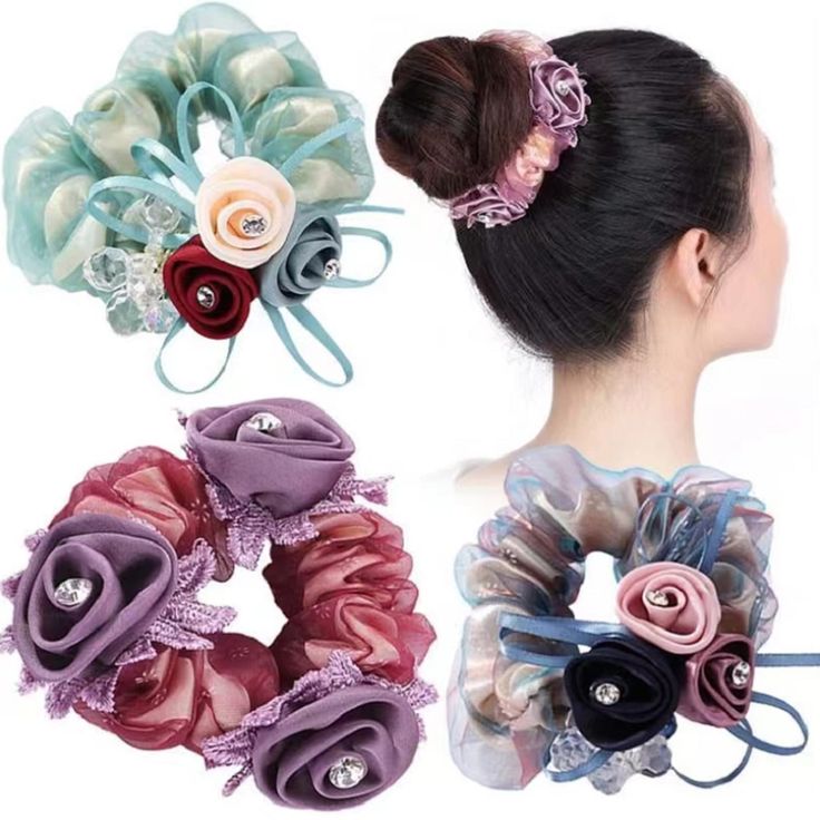 PRICES MAY VARY. Silk scrunchies docerated with flowers and crystals, very beautiful design and shape, you will get more attractions when you wear it. Not those cheap items, our scrunchies with high quality, high elasticity, and easy to wear. Perfect to thick hair. You can wear it for ponytail, or make it like a hairball, both are very pretty. Ideal for wedding party favors, make you more charming and graceful, also suitable for appointment, club, shows, shopping, travelling and daily use You wi Elegance Hair, Flower Scrunchie, Ponytail Updo, Bow Hairband, Making Flowers, Multi Colored Hair, Hair Elastic, Hair Accessories Gift, Hair Rings