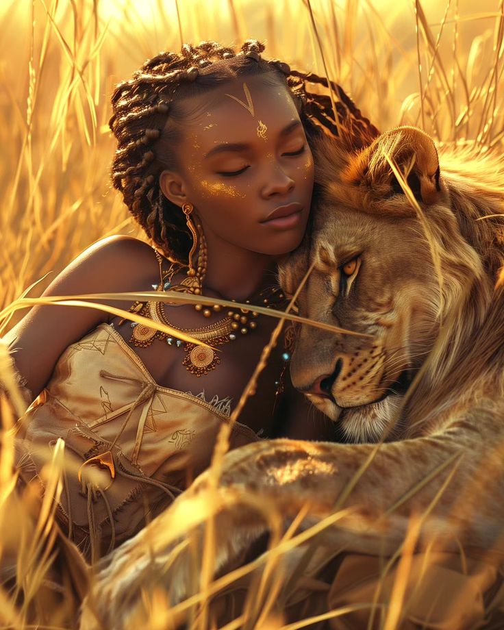 a woman hugging a lion in the middle of some tall grass with her eyes closed