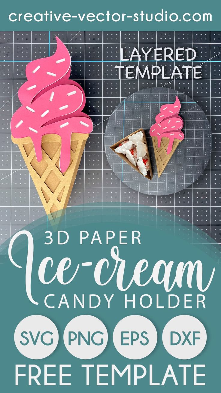 three ice cream cones with pink icing on them and the text 3d paper ice cream candy holder svg png eps dxf