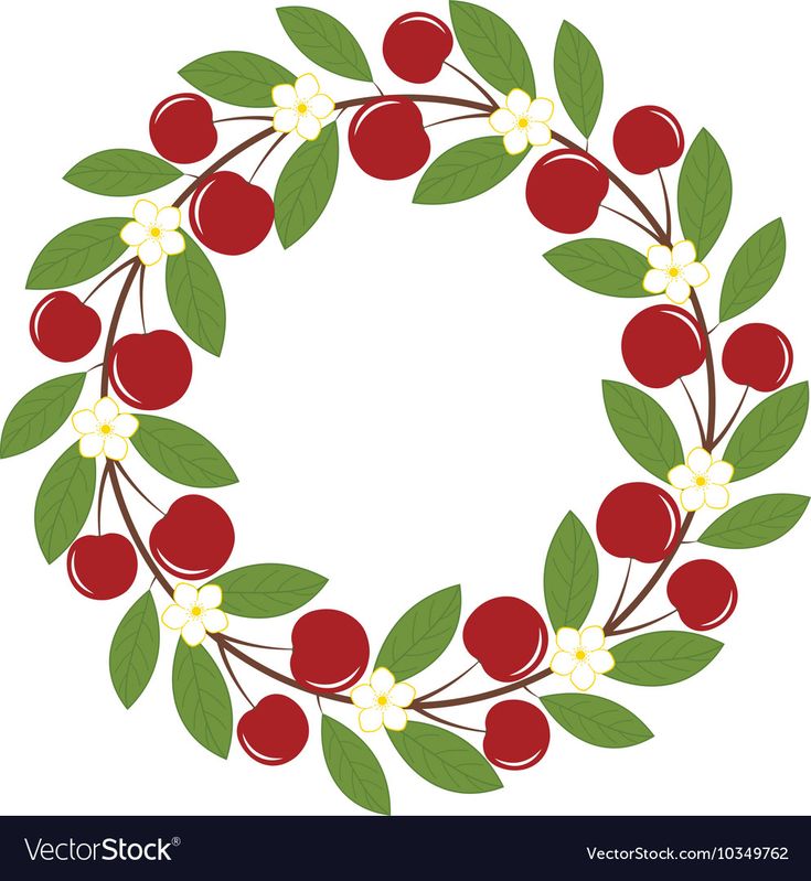 a wreath with cherries and leaves on a white background