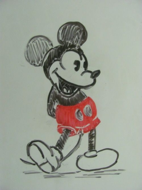 a drawing of mickey mouse in red and black