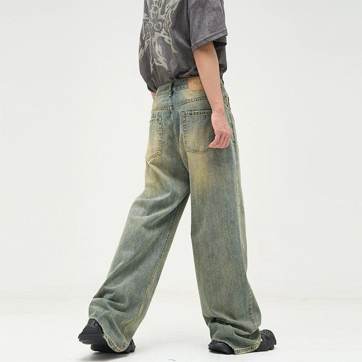 Model is 5ft 10''(178cm) tall, 145 lbs(66kg) weight and wearing a size XL 168cm 59kg wearing a size M - UNISEX- RETRO BLUE- Wide straight fit- DENIM Distressed Streetwear Pants, Distressed Pants For Streetwear, Baggy Light Wash Distressed Bottoms, Baggy Full-length Flare Jeans For Streetwear, Faded Mid-rise Jeans For Streetwear, Faded Jeans For Streetwear, Baggy Washed Flare Jeans, Mid-rise Faded Jeans For Streetwear, High Rise Washed Bottoms For Streetwear