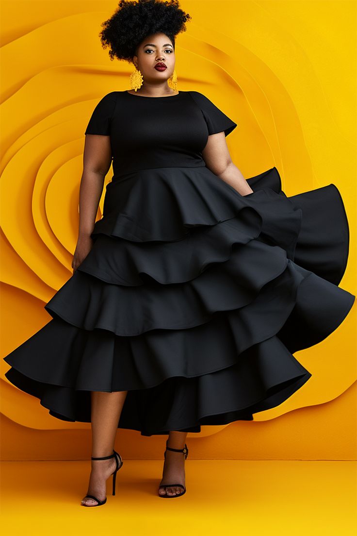 Xpluswear Design Plus Size Daily Black Round Neck Short Sleeve Flounce Cotton Tiered Midi Dresses [Pre-Order] Black Puff Sleeve Dress Plus Size, Plus Size Short Gowns Formal, Flare Elegant Dresses, Midi Dress Formal Plus Size, Professional Dresses Women Plus Size, Plus Size Formal Dresses Knee Length, Plus Size Peplum Dresses, Plus Size Semi Formal Dress Ever-pretty, Plus Size Special Occasion Dresses Kiyonna Plus Size Clothing