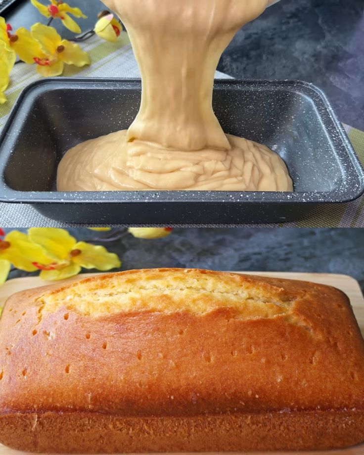 a loaf of bread sitting on top of a cutting board next to a cake pan