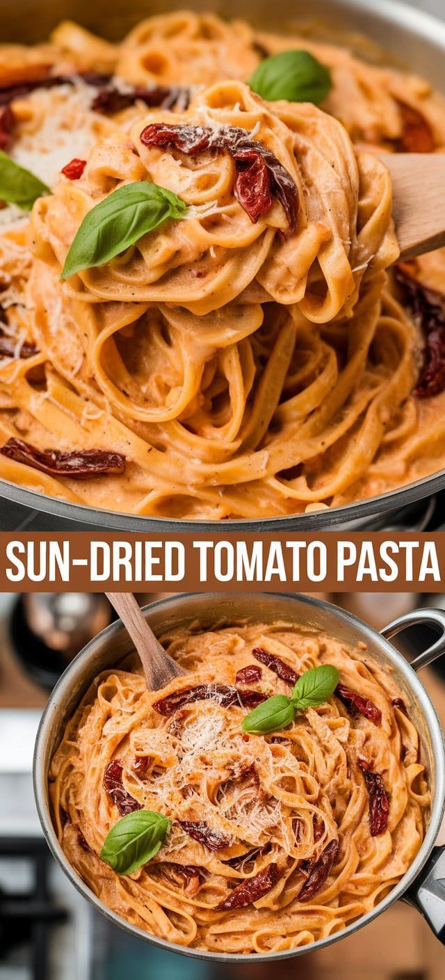 sun dried tomato pasta in a skillet with basil leaves on top and the bottom