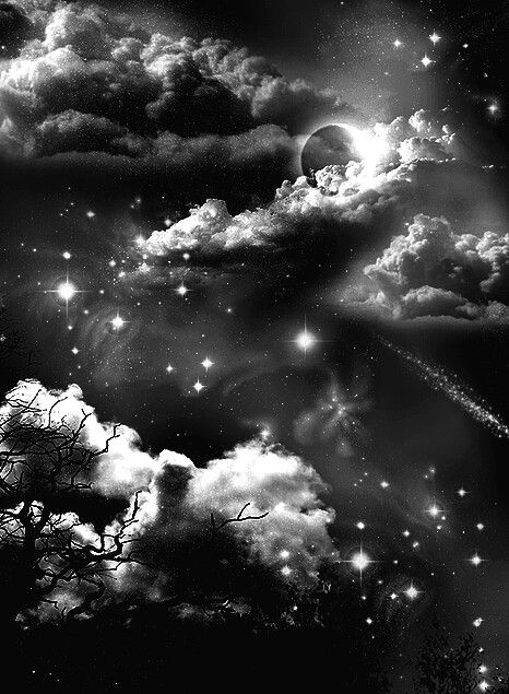 black and white photograph of stars in the night sky with clouds, trees and plane