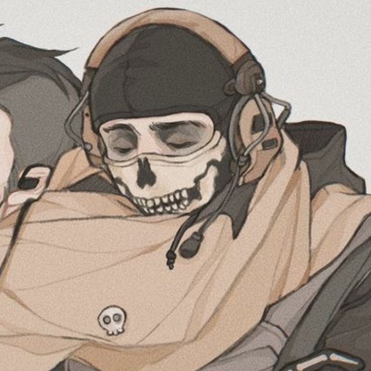 a drawing of two people wearing helmets and scarves, one with a skull on it