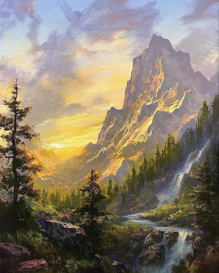 a painting of a mountain scene with trees and water in the foreground, as the sun sets