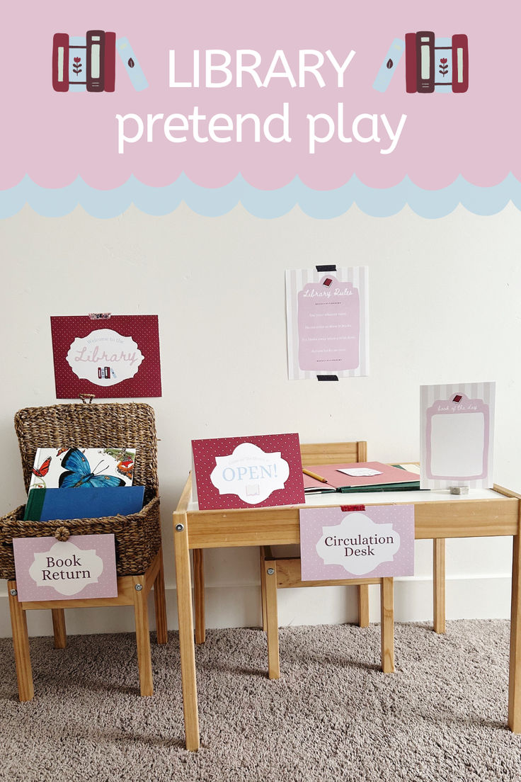 there are two wooden tables with signs on them that say library pretend play and giveaway