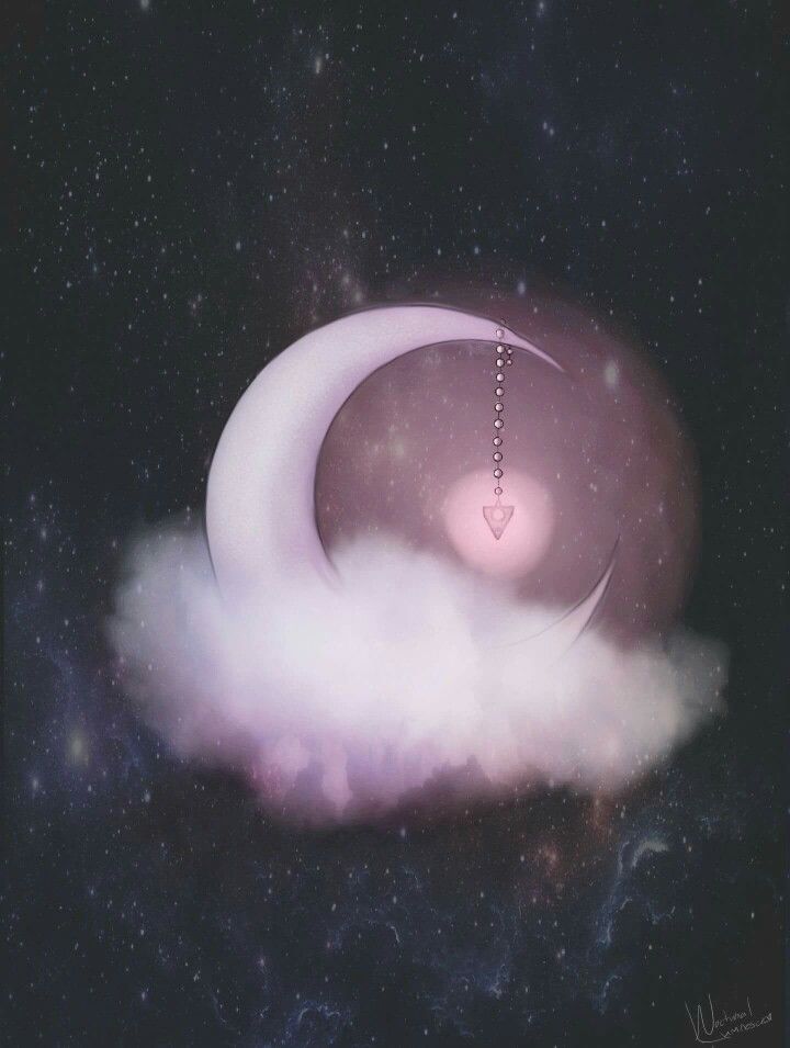 the moon is in the sky with clouds around it and a chain hanging from its center