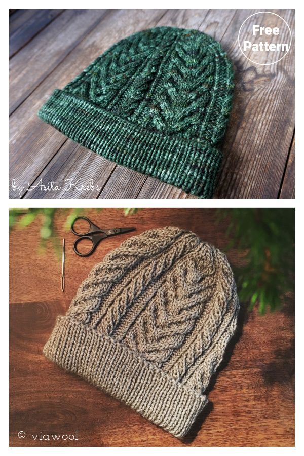 two photos showing the same knitted hat, one with scissors and another with yarn on it