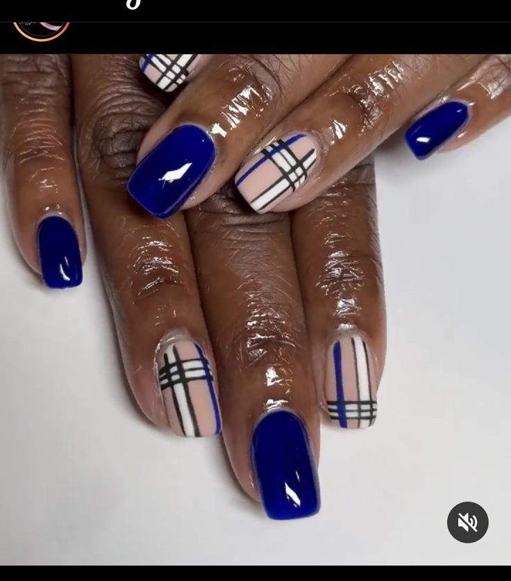 Winter Plaid Nail Designs, Navy Plaid Nails, Blue Plaid Nail Designs, Blue Fall Nails Designs, Denim Blue Nails, Dope Blue Nails, Pedicure Room, Biab Nail, Fierce Nails