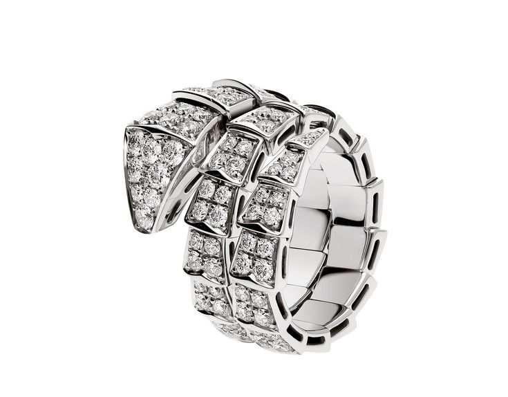 Serpenti Viper Two-coil 18 Kt White Gold Ring Set With Full Pavé Diamonds Bvlgari Ring, Coil Ring, Bulgari Jewelry, Bvlgari Jewelry, Bvlgari Serpenti, Pave Diamond Ring, Snake Ring, Gold Snake, Pave Ring