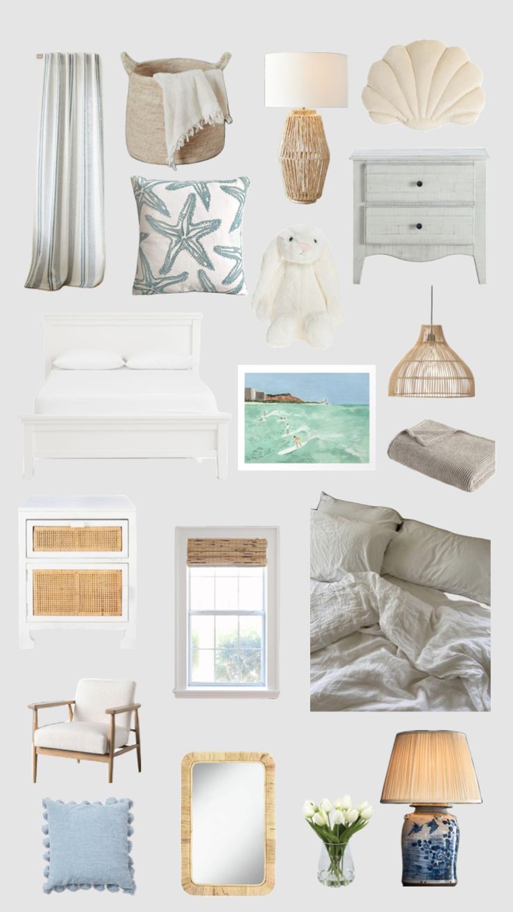 a collage of white furniture and decor with pictures on the wall above them, including a bed