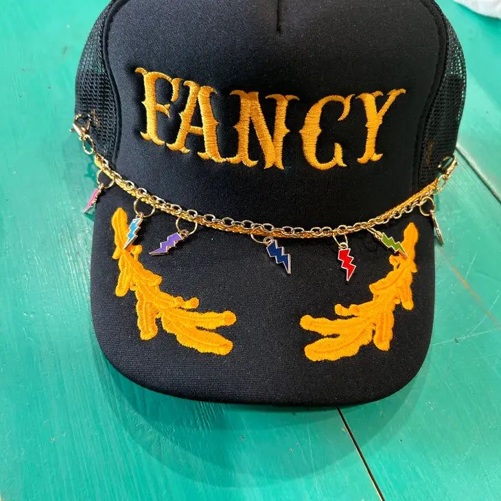 Vibes Hat Company gold trucker hat chain with lightening bolt charms. Each chain has lobster claws so you can add extra flair to your favorite trucker hats! Hat Chain, Unique Hats, Graphic Tee Dress, Custom Ideas, Lobster Claws, Girls Boutique, Bar Earrings, Fashion Design Clothes, Hats For Sale