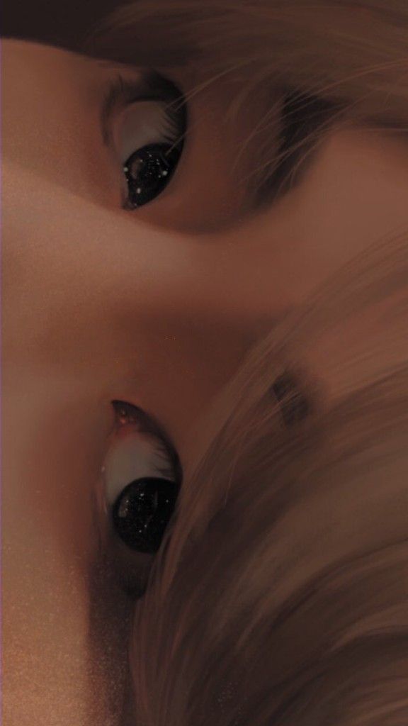 a woman with long blonde hair and black eyeliners laying on top of a bed