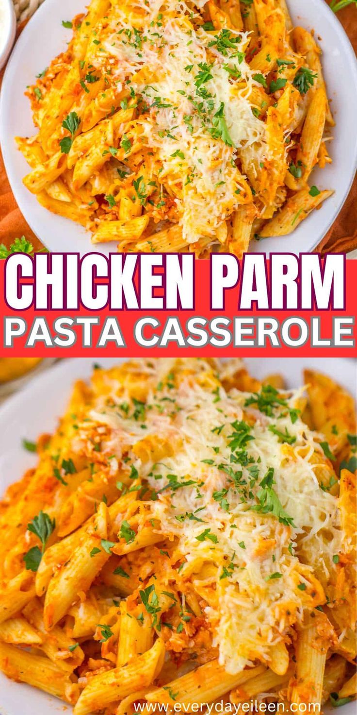 chicken parm pasta casserole on a white plate