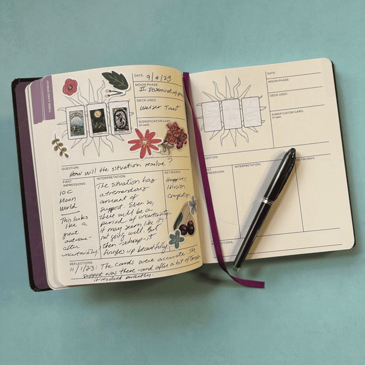 an open notebook with notes and pens on it, sitting next to a fountain pen