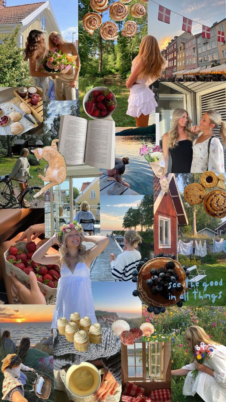 a collage of photos with people and food in them, including an open book