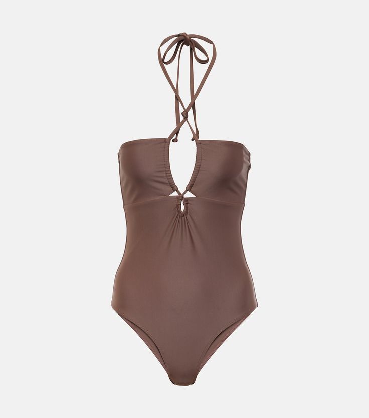 Ola halterneck swimsuit in brown - Faithfull | Mytheresa Brown Halter Neck Swimwear, Brown Halter Neck Swimwear For Pool, Brown Halter Neck Swimwear For Summer, Summer Brown Halter Neck Swimwear, Chic Brown Stretch Swimwear, Brown Stretch Nylon Swimwear, One-piece Halter Top For Beach Season, One-piece Halter Top For Pool And Beach Season, Brown Nylon Swimwear For The Beach