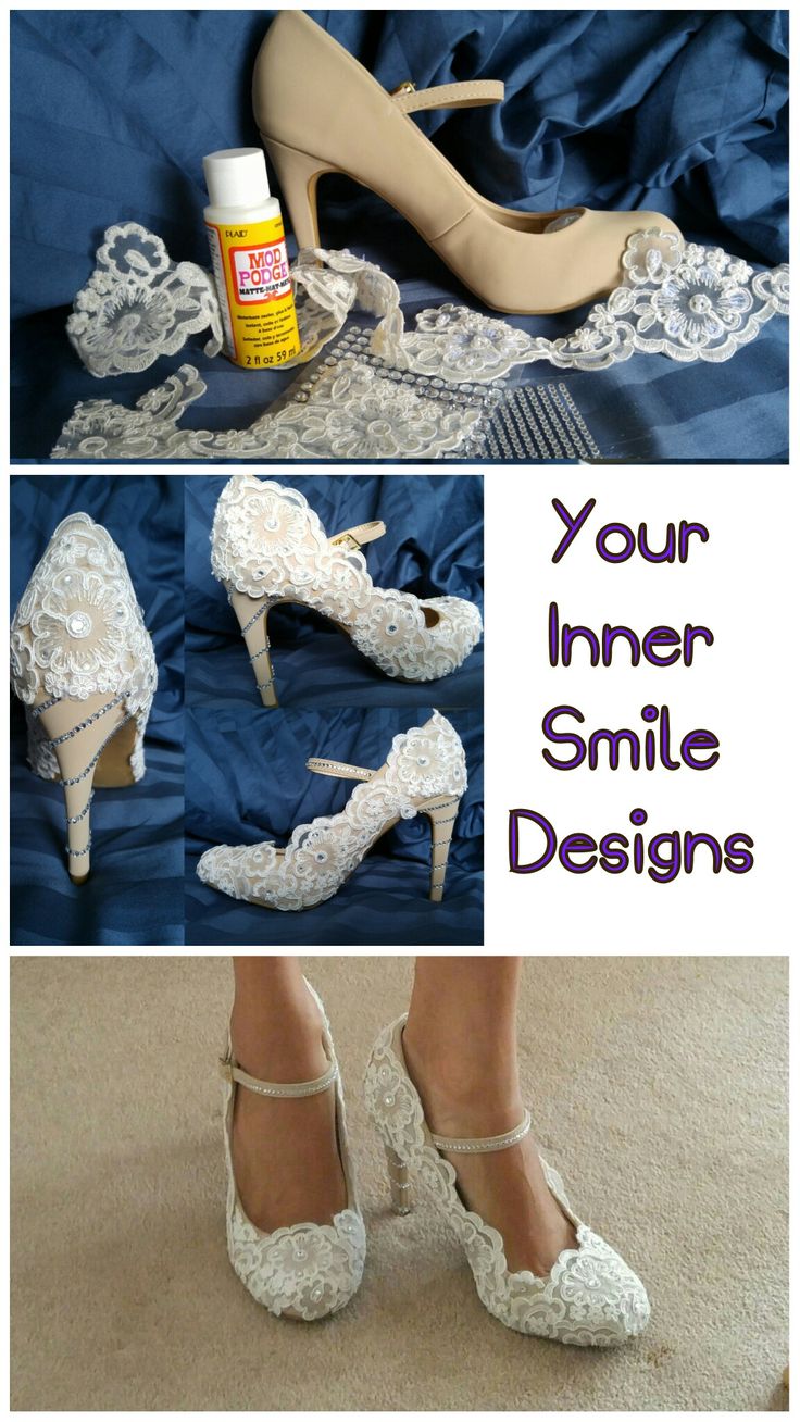 DYI Lace Wedding Shoes! (under $50) Designed my own shoes for my wedding with Nude heels from Bamboo, lace appliqued ribbon  and rhinestones. I cut the pearls and sequins from the ribbon to avoid the hem from my dress getting caught. I added rhinestones to give a little bling and to complement my gown. Wedding Shoes Designer, Diy Wedding Shoes, Diy Heels, Lace Wedding Shoes, Shoe Refashion, Shoe Makeover, Country Shoes, Designer Wedding Shoes, Wedding Shoes Lace