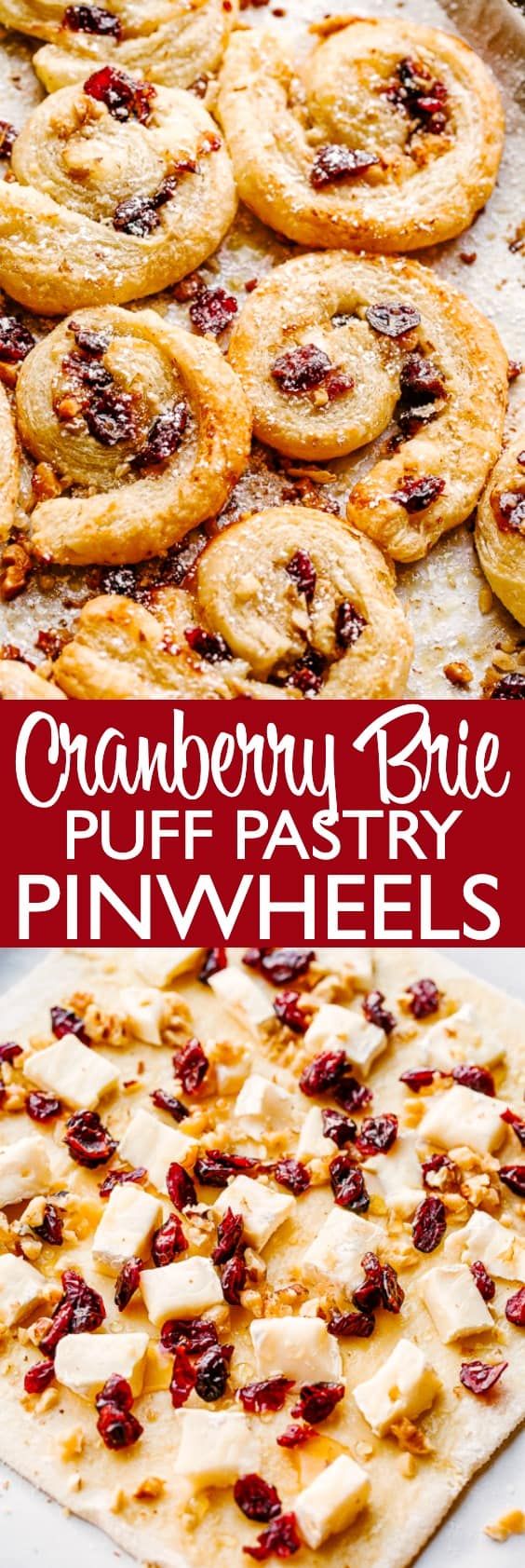 cranberry pie puff pastry pinwheels on a baking sheet with text overlay