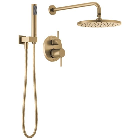 an image of a shower head and handset with thermostaer in brushed brass