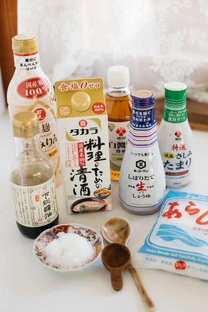 japanese cooking and condiments displayed on table