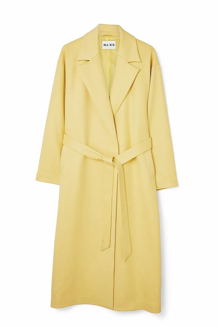 Pocket Detailed Coat Yellow | NA-KD Spring Wool Coat For Office With Belted Cuffs, Spring Wool Coat With Belted Cuffs For Office, Long Wool Coat With Belted Cuffs For Spring, Belted Wool Coat With Lapel Collar For Spring, Spring Wool Coat With Belted Cuffs, Spring Outerwear With Tie Waist In Solid Color, Spring Outerwear With Tie Waist, Spring Workwear Belted Wool Coat, Solid Tie Waist Outerwear For Spring