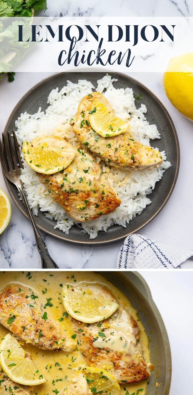 lemon chicken with white rice in a skillet