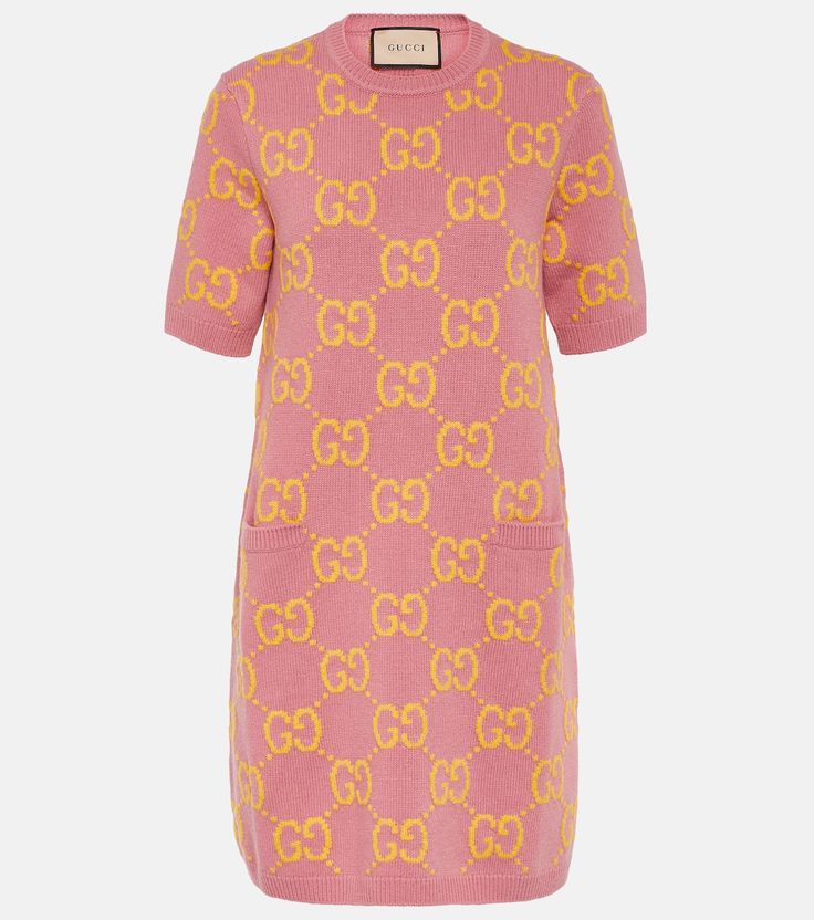 GG wool minidress in pink - Gucci | Mytheresa Intarsia Patterns, Wool Knitted Dress, Gucci Dress, Gucci Outfits, Gg Monogram, Monogram Pattern, Mini Short, Short Sleeve Mini Dress, Short Mini Dress