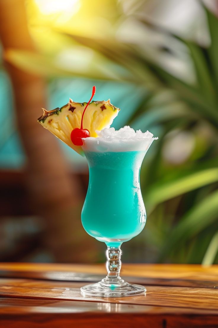 a blue drink with a pineapple garnish on the top and a cherry in the middle