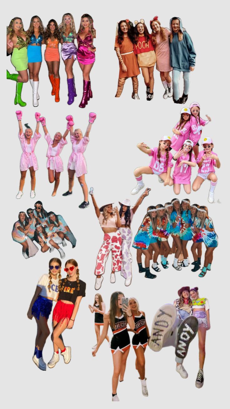 many different images of women dressed in costumes and posing for the camera, all with their arms up