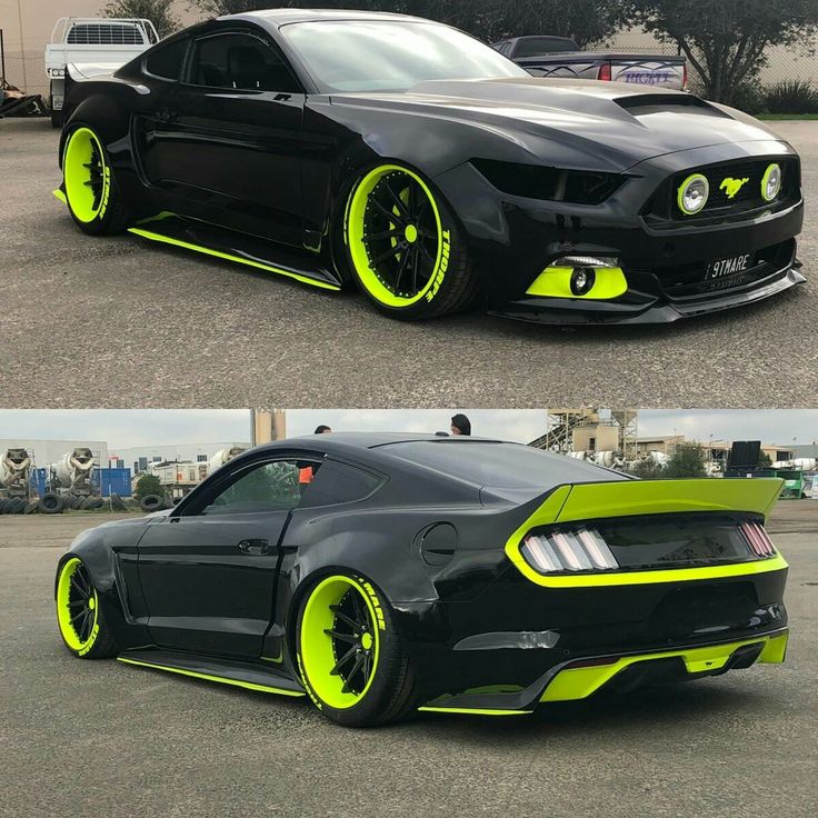 two pictures of the front and side of a black mustang with neon yellow rims